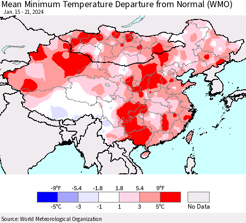 China, Mongolia and Taiwan Mean Minimum Temperature Departure from Normal (WMO) Thematic Map For 1/15/2024 - 1/21/2024