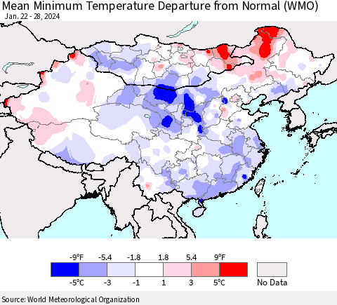 China, Mongolia and Taiwan Mean Minimum Temperature Departure from Normal (WMO) Thematic Map For 1/22/2024 - 1/28/2024