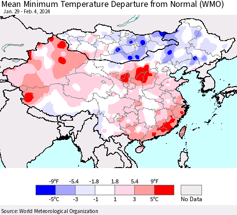China, Mongolia and Taiwan Mean Minimum Temperature Departure from Normal (WMO) Thematic Map For 1/29/2024 - 2/4/2024