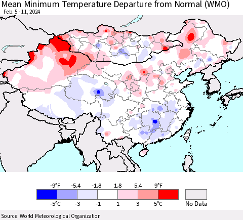 China, Mongolia and Taiwan Mean Minimum Temperature Departure from Normal (WMO) Thematic Map For 2/5/2024 - 2/11/2024