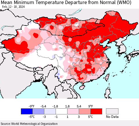China, Mongolia and Taiwan Mean Minimum Temperature Departure from Normal (WMO) Thematic Map For 2/12/2024 - 2/18/2024