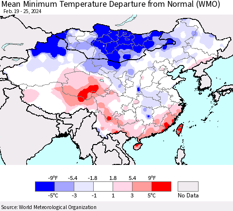 China, Mongolia and Taiwan Mean Minimum Temperature Departure from Normal (WMO) Thematic Map For 2/19/2024 - 2/25/2024
