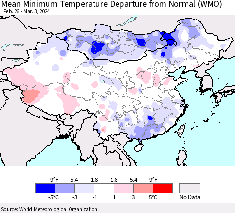 China, Mongolia and Taiwan Mean Minimum Temperature Departure from Normal (WMO) Thematic Map For 2/26/2024 - 3/3/2024