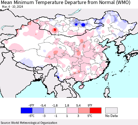 China, Mongolia and Taiwan Mean Minimum Temperature Departure from Normal (WMO) Thematic Map For 3/4/2024 - 3/10/2024