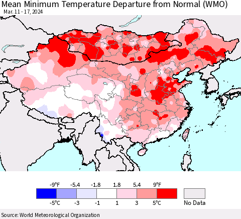China, Mongolia and Taiwan Mean Minimum Temperature Departure from Normal (WMO) Thematic Map For 3/11/2024 - 3/17/2024
