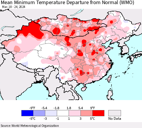 China, Mongolia and Taiwan Mean Minimum Temperature Departure from Normal (WMO) Thematic Map For 3/18/2024 - 3/24/2024