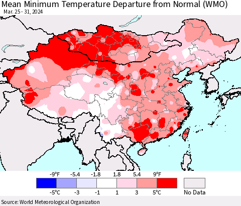 China, Mongolia and Taiwan Mean Minimum Temperature Departure from Normal (WMO) Thematic Map For 3/25/2024 - 3/31/2024