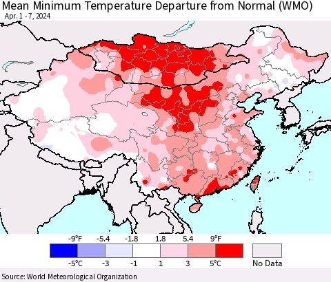 China, Mongolia and Taiwan Mean Minimum Temperature Departure from Normal (WMO) Thematic Map For 4/1/2024 - 4/7/2024