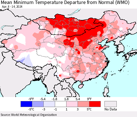 China, Mongolia and Taiwan Mean Minimum Temperature Departure from Normal (WMO) Thematic Map For 4/8/2024 - 4/14/2024