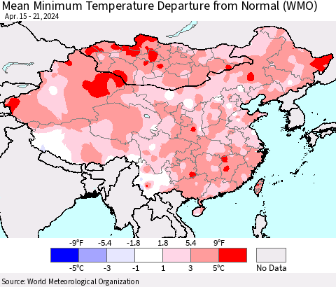 China, Mongolia and Taiwan Mean Minimum Temperature Departure from Normal (WMO) Thematic Map For 4/15/2024 - 4/21/2024