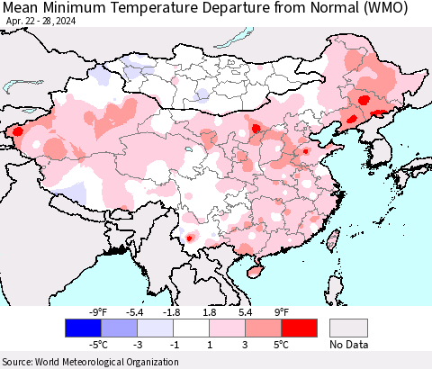 China, Mongolia and Taiwan Mean Minimum Temperature Departure from Normal (WMO) Thematic Map For 4/22/2024 - 4/28/2024