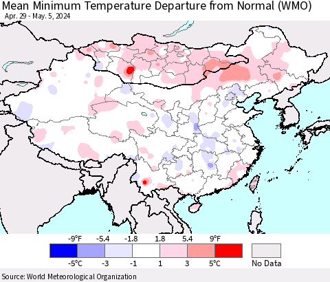 China, Mongolia and Taiwan Mean Minimum Temperature Departure from Normal (WMO) Thematic Map For 4/29/2024 - 5/5/2024