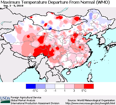 China, Mongolia and Taiwan Mean Maximum Temperature Departure from Normal (WMO) Thematic Map For 9/3/2018 - 9/9/2018