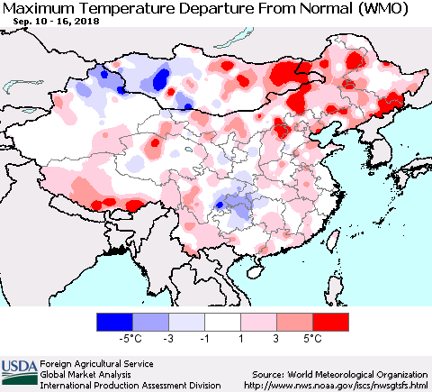 China, Mongolia and Taiwan Mean Maximum Temperature Departure from Normal (WMO) Thematic Map For 9/10/2018 - 9/16/2018