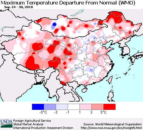 China and Taiwan Mean Maximum Temperature Departure from Normal (WMO) Thematic Map For 9/24/2018 - 9/30/2018