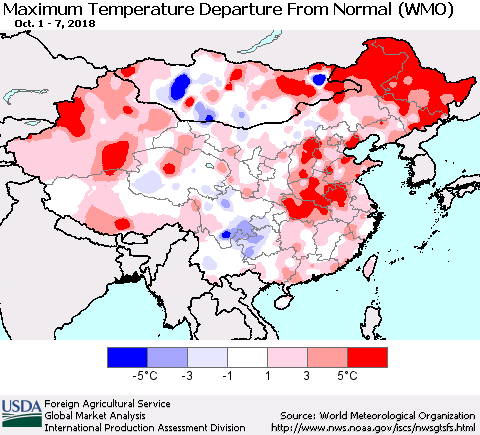 China and Taiwan Mean Maximum Temperature Departure from Normal (WMO) Thematic Map For 10/1/2018 - 10/7/2018