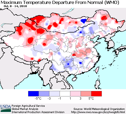 China and Taiwan Mean Maximum Temperature Departure from Normal (WMO) Thematic Map For 10/8/2018 - 10/14/2018
