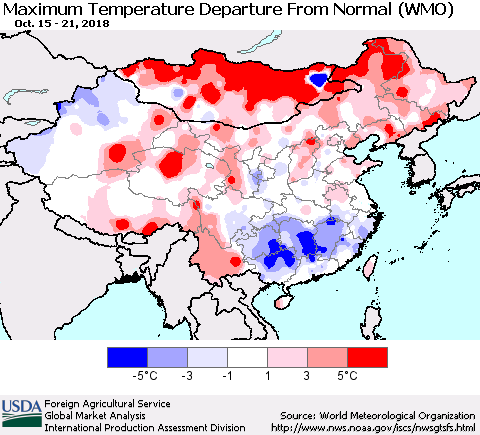 China, Mongolia and Taiwan Mean Maximum Temperature Departure from Normal (WMO) Thematic Map For 10/15/2018 - 10/21/2018