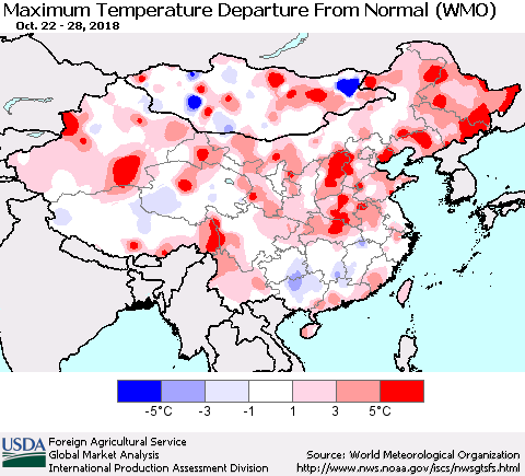 China and Taiwan Mean Maximum Temperature Departure from Normal (WMO) Thematic Map For 10/22/2018 - 10/28/2018