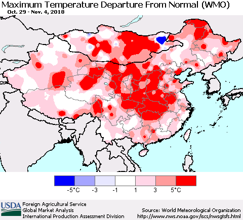 China and Taiwan Mean Maximum Temperature Departure from Normal (WMO) Thematic Map For 10/29/2018 - 11/4/2018