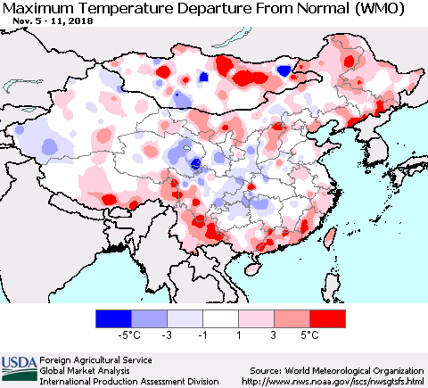 China and Taiwan Mean Maximum Temperature Departure from Normal (WMO) Thematic Map For 11/5/2018 - 11/11/2018