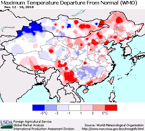 China, Mongolia and Taiwan Mean Maximum Temperature Departure from Normal (WMO) Thematic Map For 11/12/2018 - 11/18/2018