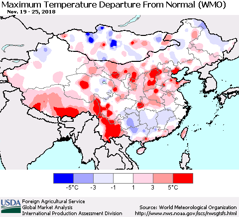 China and Taiwan Mean Maximum Temperature Departure from Normal (WMO) Thematic Map For 11/19/2018 - 11/25/2018