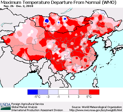 China and Taiwan Mean Maximum Temperature Departure from Normal (WMO) Thematic Map For 11/26/2018 - 12/2/2018