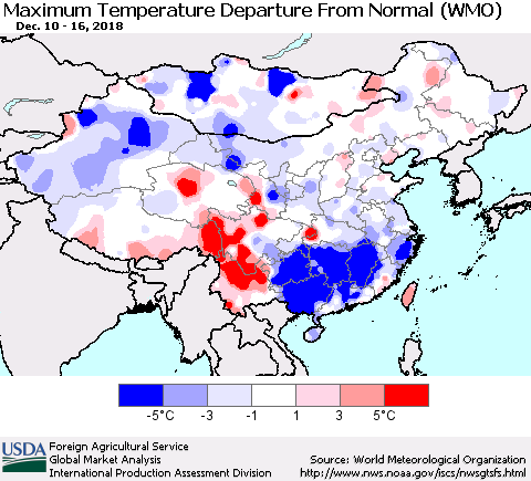 China and Taiwan Mean Maximum Temperature Departure from Normal (WMO) Thematic Map For 12/10/2018 - 12/16/2018