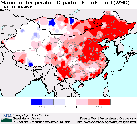 China, Mongolia and Taiwan Mean Maximum Temperature Departure from Normal (WMO) Thematic Map For 12/17/2018 - 12/23/2018
