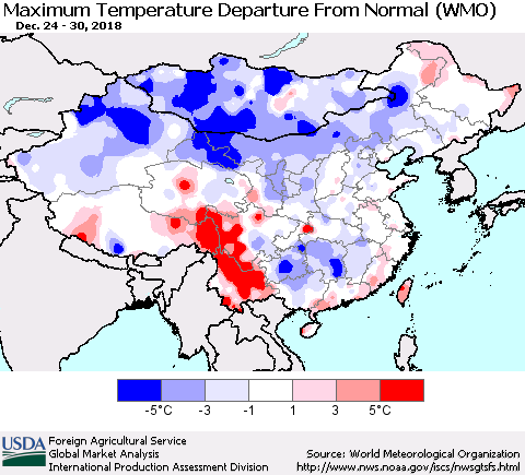 China, Mongolia and Taiwan Mean Maximum Temperature Departure from Normal (WMO) Thematic Map For 12/24/2018 - 12/30/2018