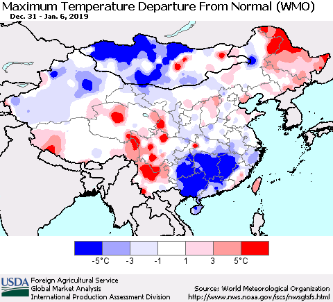 China and Taiwan Mean Maximum Temperature Departure from Normal (WMO) Thematic Map For 12/31/2018 - 1/6/2019
