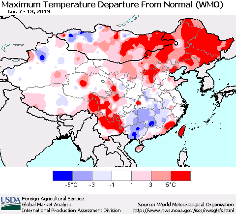 China, Mongolia and Taiwan Mean Maximum Temperature Departure from Normal (WMO) Thematic Map For 1/7/2019 - 1/13/2019