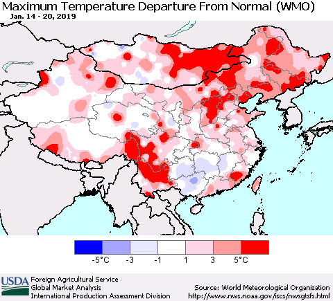 China and Taiwan Mean Maximum Temperature Departure from Normal (WMO) Thematic Map For 1/14/2019 - 1/20/2019