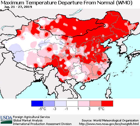 China and Taiwan Mean Maximum Temperature Departure from Normal (WMO) Thematic Map For 1/21/2019 - 1/27/2019