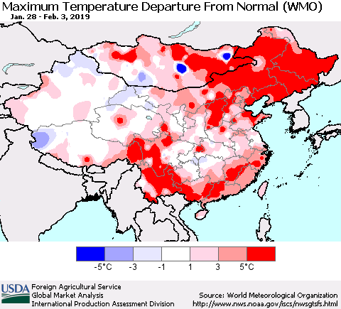 China and Taiwan Mean Maximum Temperature Departure from Normal (WMO) Thematic Map For 1/28/2019 - 2/3/2019