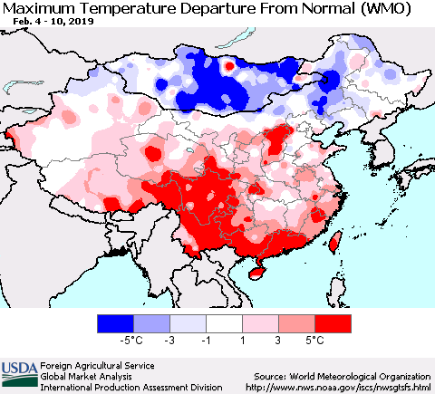 China and Taiwan Mean Maximum Temperature Departure from Normal (WMO) Thematic Map For 2/4/2019 - 2/10/2019