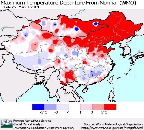 China and Taiwan Mean Maximum Temperature Departure from Normal (WMO) Thematic Map For 2/25/2019 - 3/3/2019
