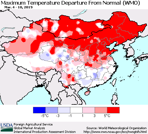 China, Mongolia and Taiwan Mean Maximum Temperature Departure from Normal (WMO) Thematic Map For 3/4/2019 - 3/10/2019