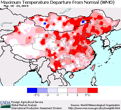 China and Taiwan Mean Maximum Temperature Departure from Normal (WMO) Thematic Map For 3/18/2019 - 3/24/2019