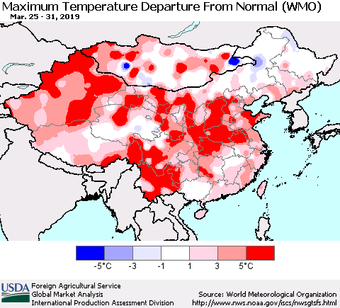 China and Taiwan Mean Maximum Temperature Departure from Normal (WMO) Thematic Map For 3/25/2019 - 3/31/2019