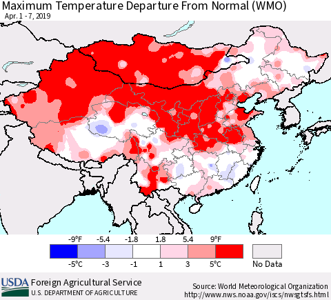 China and Taiwan Mean Maximum Temperature Departure from Normal (WMO) Thematic Map For 4/1/2019 - 4/7/2019