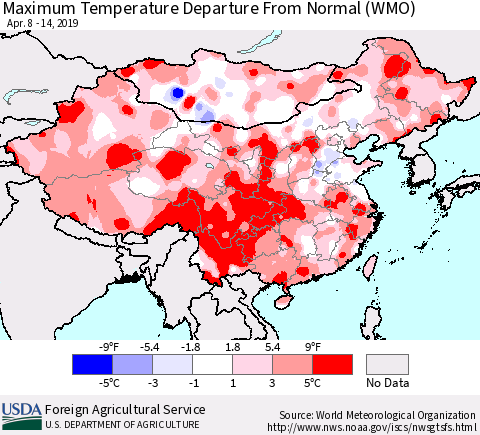 China and Taiwan Mean Maximum Temperature Departure from Normal (WMO) Thematic Map For 4/8/2019 - 4/14/2019