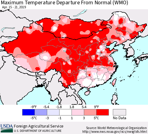 China and Taiwan Mean Maximum Temperature Departure from Normal (WMO) Thematic Map For 4/15/2019 - 4/21/2019