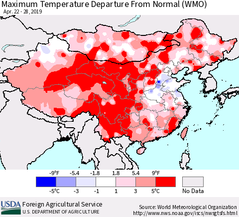 China and Taiwan Maximum Temperature Departure From Normal (WMO) Thematic Map For 4/22/2019 - 4/28/2019