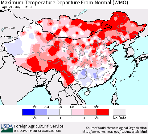 China and Taiwan Mean Maximum Temperature Departure from Normal (WMO) Thematic Map For 4/29/2019 - 5/5/2019