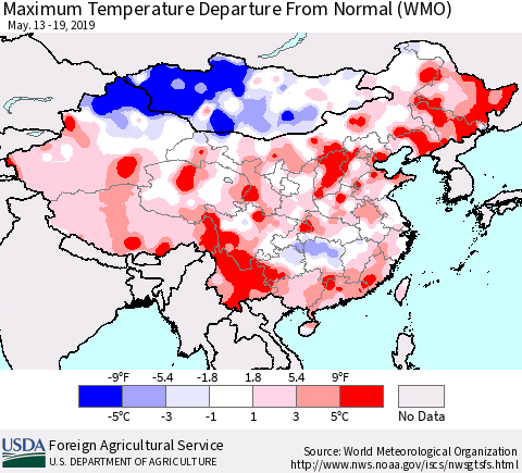 China and Taiwan Maximum Temperature Departure From Normal (WMO) Thematic Map For 5/13/2019 - 5/19/2019