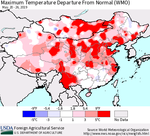 China and Taiwan Mean Maximum Temperature Departure from Normal (WMO) Thematic Map For 5/20/2019 - 5/26/2019
