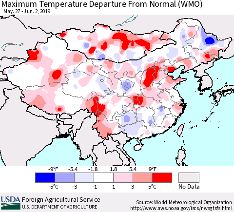China and Taiwan Maximum Temperature Departure From Normal (WMO) Thematic Map For 5/27/2019 - 6/2/2019