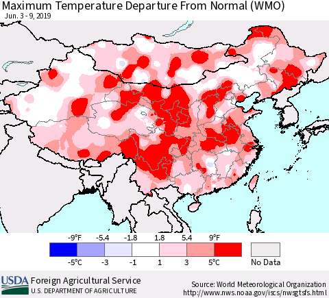 China and Taiwan Mean Maximum Temperature Departure from Normal (WMO) Thematic Map For 6/3/2019 - 6/9/2019